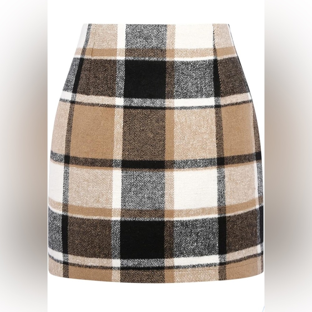 Plaid Mini Skirt in Black, White, and Tan large